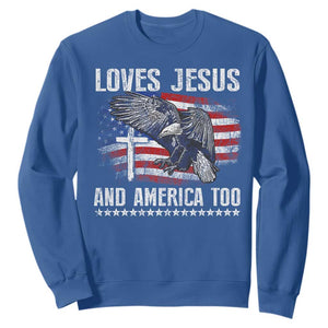 Funny Loves Jesus And America Too Sweatshirt 4th Of July Patriotic Christian Eagle American Flag TS11 Royal Blue Print Your Wear