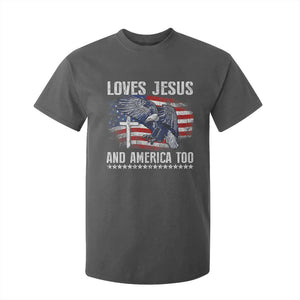 Funny Loves Jesus And America Too T Shirt For Kid 4th Of July Patriotic Christian Eagle American Flag TS11 Dark Heather Print Your Wear