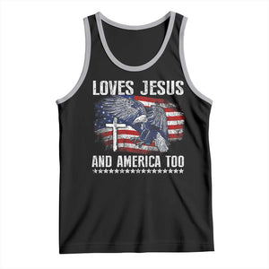 Funny Loves Jesus And America Too Tank Top 4th Of July Patriotic Christian Eagle American Flag TS11 Black Athletic Heather Print Your Wear