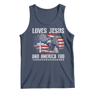 Funny Loves Jesus And America Too Tank Top 4th Of July Patriotic Christian Eagle American Flag TS11 Navy Print Your Wear
