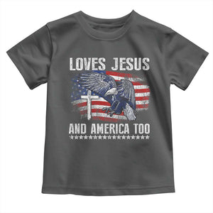 Funny Loves Jesus And America Too Toddler T Shirt 4th Of July Patriotic Christian Eagle American Flag TS11 Dark Heather Print Your Wear
