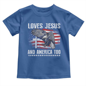 Funny Loves Jesus And America Too Toddler T Shirt 4th Of July Patriotic Christian Eagle American Flag TS11 Royal Blue Print Your Wear