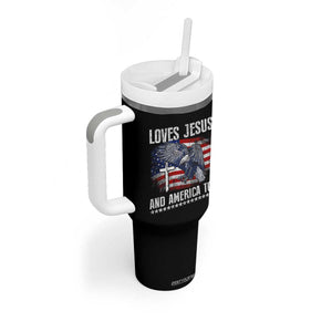 Funny Loves Jesus And America Too Tumbler With Handle 4th Of July Patriotic Christian Eagle American Flag TS11 Print Your Wear
