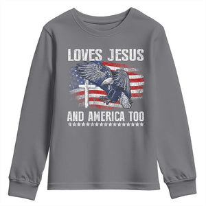 Funny Loves Jesus And America Too Youth Sweatshirt 4th Of July Patriotic Christian Eagle American Flag TS11 Charcoal Print Your Wear