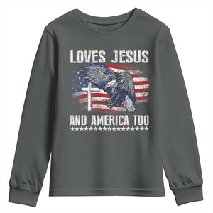 Funny Loves Jesus And America Too Youth Sweatshirt 4th Of July Patriotic Christian Eagle American Flag TS11 Dark Heather Print Your Wear