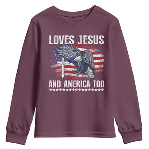 Funny Loves Jesus And America Too Youth Sweatshirt 4th Of July Patriotic Christian Eagle American Flag TS11 Maroon Print Your Wear