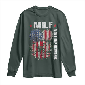 Funny MILF Man I Love Fireworks Long Sleeve Shirt American Patriotic July 4th US Flag TS11 Dark Forest Green Print Your Wear
