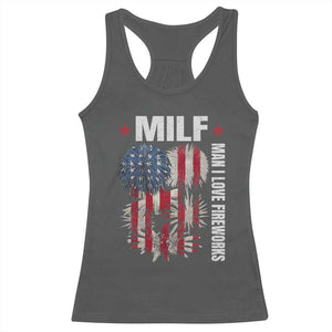 Funny MILF Man I Love Fireworks Racerback Tank Top American Patriotic July 4th US Flag TS11 Dark Heather Print Your Wear