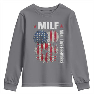 Funny MILF Man I Love Fireworks Youth Sweatshirt American Patriotic July 4th US Flag TS11 Charcoal Print Your Wear