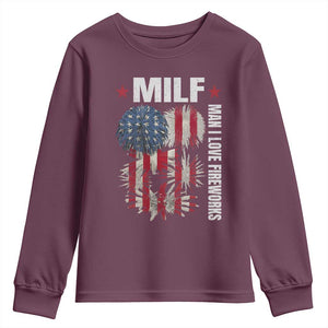 Funny MILF Man I Love Fireworks Youth Sweatshirt American Patriotic July 4th US Flag TS11 Maroon Print Your Wear