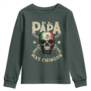 Funny Mexican Dad Youth Sweatshirt El Papa Mas Chingon Vintage Mexico Skull TS11 Dark Forest Green Print Your Wear