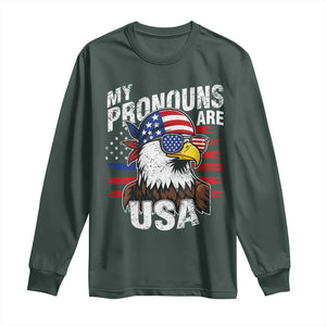 Funny My Pronouns Are USA 4th of July Long Sleeve Shirt Patriotic Eagle American Flag TS11 Dark Forest Green Print Your Wear