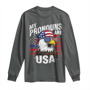 Funny My Pronouns Are USA 4th of July Long Sleeve Shirt Patriotic Eagle American Flag TS11 Dark Heather Print Your Wear