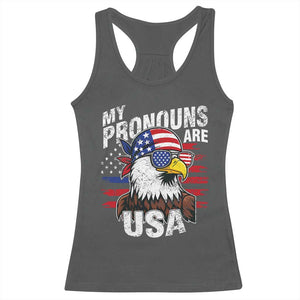 Funny My Pronouns Are USA 4th of July Racerback Tank Top Patriotic Eagle American Flag TS11 Dark Heather Print Your Wear