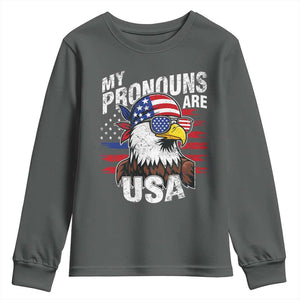 Funny My Pronouns Are USA 4th of July Youth Sweatshirt Patriotic Eagle American Flag TS11 Dark Heather Print Your Wear