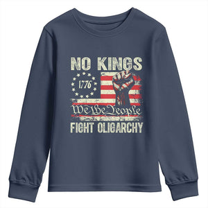Funny No Kings Fight Oligarchy Youth Sweatshirt Betsy Ross Flag Hand Fist TS11 Navy Print Your Wear
