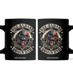 Funny One Badass Bonus Dad Coffee Mug Awesome Step Dad Fathers Day American Flag Skull TS11 Black Print Your Wear