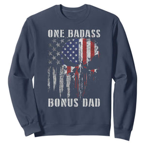 Funny One Badass Bonus Dad Sweatshirt Step Dad Fathers Day 4th Of July American Flag Skull TS11 Navy Print Your Wear