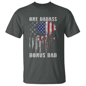Funny One Badass Bonus Dad T Shirt Step Dad Fathers Day 4th Of July American Flag Skull TS11 Dark Heather Print Your Wear