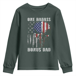 Funny One Badass Bonus Dad Youth Sweatshirt Step Dad Fathers Day 4th Of July American Flag Skull TS11 Dark Forest Green Print Your Wear
