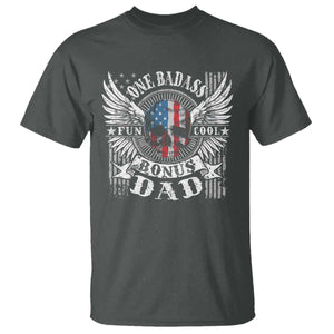Funny One Badass Bonus Stepdad T Shirt Bonus Dad Fathers Day American Flag Skull TS11 Dark Heather Print Your Wear