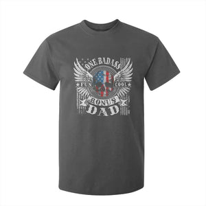 Funny One Badass Bonus Stepdad T Shirt For Kid Bonus Dad Fathers Day American Flag Skull TS11 Dark Heather Print Your Wear