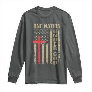 Funny One Nation Under God Long Sleeve Shirt 4th Of July Patriotic Christian American Flag TS11 Dark Heather Print Your Wear
