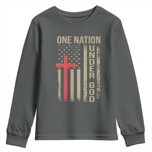 Funny One Nation Under God Youth Sweatshirt 4th Of July Patriotic Christian American Flag TS11 Dark Heather Print Your Wear