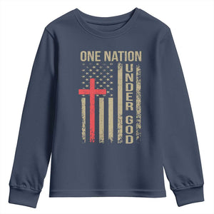 Funny One Nation Under God Youth Sweatshirt 4th Of July Patriotic Christian American Flag TS11 Navy Print Your Wear