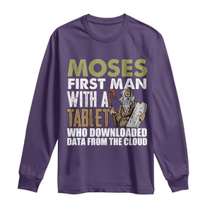 Funny Passover Jewish Tech Pun Long Sleeve Shirt Moses First Man with a Tablet Who Downloaded Data from the Cloud TS02 Purple Print Your Wear