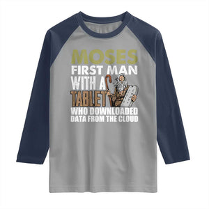 Funny Passover Jewish Tech Pun Raglan Shirt Moses First Man with a Tablet Who Downloaded Data from the Cloud TS02 Sport Gray Navy Print Your Wear