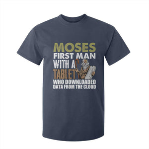 Funny Passover Jewish Tech Pun T Shirt For Kid Moses First Man with a Tablet Who Downloaded Data from the Cloud TS02 Navy Print Your Wear