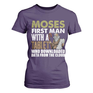 Funny Passover Jewish Tech Pun T Shirt For Women Moses First Man with a Tablet Who Downloaded Data from the Cloud TS02 Purple Print Your Wear