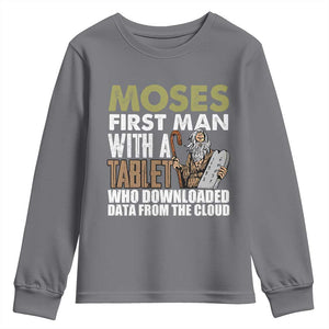 Funny Passover Jewish Tech Pun Youth Sweatshirt Moses First Man with a Tablet Who Downloaded Data from the Cloud TS02 Charcoal Print Your Wear