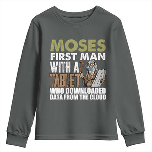 Funny Passover Jewish Tech Pun Youth Sweatshirt Moses First Man with a Tablet Who Downloaded Data from the Cloud TS02 Dark Heather Print Your Wear