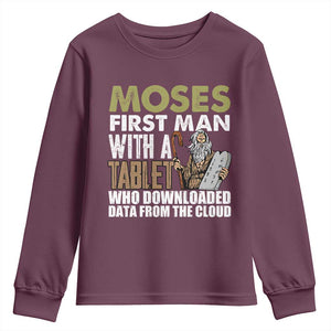 Funny Passover Jewish Tech Pun Youth Sweatshirt Moses First Man with a Tablet Who Downloaded Data from the Cloud TS02 Maroon Print Your Wear