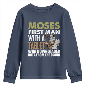 Funny Passover Jewish Tech Pun Youth Sweatshirt Moses First Man with a Tablet Who Downloaded Data from the Cloud TS02 Navy Print Your Wear