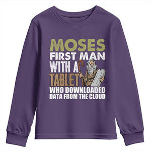 Funny Passover Jewish Tech Pun Youth Sweatshirt Moses First Man with a Tablet Who Downloaded Data from the Cloud TS02 Purple Print Your Wear