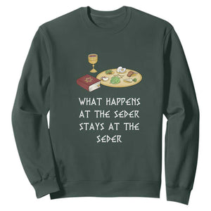 Funny Passover Seder Sweatshirt What Happens At The Seder Stays At The Seder Jewish Holiday TS02 Dark Forest Green Print Your Wear