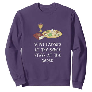 Funny Passover Seder Sweatshirt What Happens At The Seder Stays At The Seder Jewish Holiday TS02 Purple Print Your Wear