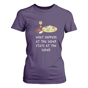 Funny Passover Seder T Shirt For Women What Happens At The Seder Stays At The Seder Jewish Holiday TS02 Purple Print Your Wear