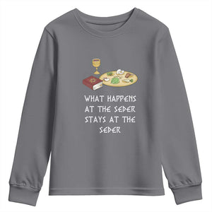 Funny Passover Seder Youth Sweatshirt What Happens At The Seder Stays At The Seder Jewish Holiday TS02 Charcoal Print Your Wear