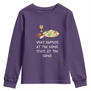 Funny Passover Seder Youth Sweatshirt What Happens At The Seder Stays At The Seder Jewish Holiday TS02 Purple Print Your Wear