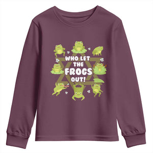 Funny Passover Youth Sweatshirt Who Let the Frogs Out Jewish Seder Fami TS02 Maroon Print Your Wear
