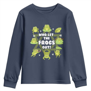 Funny Passover Youth Sweatshirt Who Let the Frogs Out Jewish Seder Fami TS02 Navy Print Your Wear