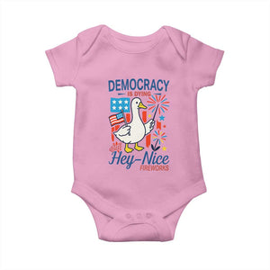 Funny Patriotic Duck Holding Firework Baby Onesie Funny Democracy Is Dying But Hey Nice Fireworks 4th Of July TS02 Light Pink Print Your Wear