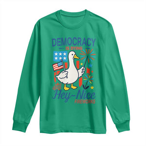 Funny Patriotic Duck Holding Firework Long Sleeve Shirt Funny Democracy Is Dying But Hey Nice Fireworks 4th Of July TS02 Irish Green Print Your Wear