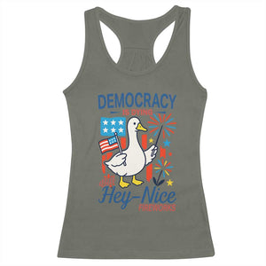 Funny Patriotic Duck Holding Firework Racerback Tank Top Funny Democracy Is Dying But Hey Nice Fireworks 4th Of July TS02 Military Green Print Your Wear