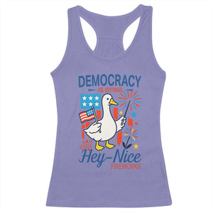 Funny Patriotic Duck Holding Firework Racerback Tank Top Funny Democracy Is Dying But Hey Nice Fireworks 4th Of July TS02 Violet Print Your Wear