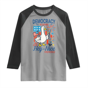 Funny Patriotic Duck Holding Firework Raglan Shirt Funny Democracy Is Dying But Hey Nice Fireworks 4th Of July TS02 Sport Gray Black Print Your Wear